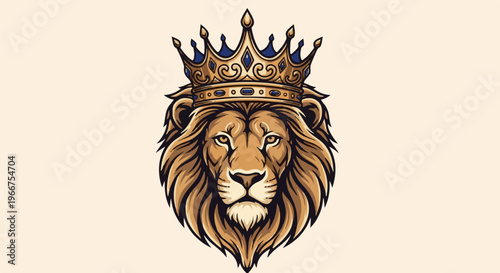 Majestic lion portrait adorned with a regal golden crown, exuding power