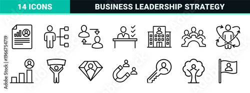 Human Resources and Management Process Outline Icons featuring Talent Acquisition, Workforce Optimization, and Corporate Leadership Symbols in Minimalist Monoline Style