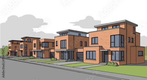 Modern brick townhouses with garages and large windows under a cloudy sky
