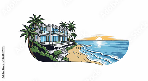 Luxurious modern villa on a beach with palm trees and a sunset over the ocean
