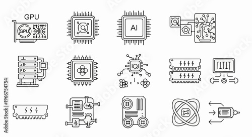 Stylized icons representing computer hardware and technology components