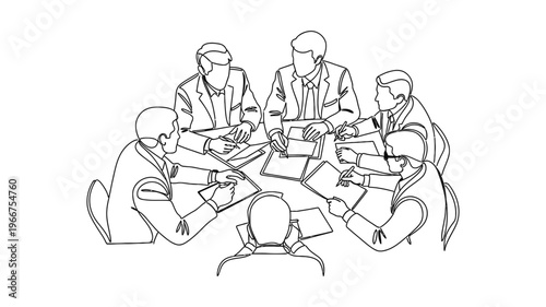 Continuous line drawing of business people meeting.
