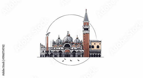 Stylized illustration of historic European city architecture under a circle
