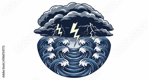 Dramatic stormy sky over turbulent ocean waves with lightning strikes