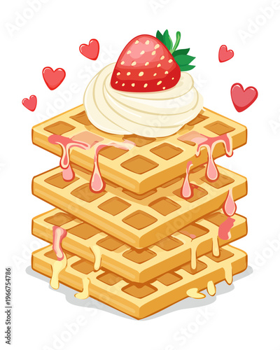 Happy Kawaii Waffle Stack Character with Cream and Strawberry for Sweet Breakfast and Bakery Shop Mascot Concept - Vector Illustration