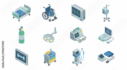 Isometric 3D icon set of hospital equipment and medical devices in a healthcare environment.