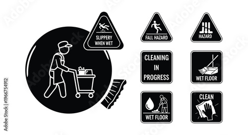 Collection of safety and cleaning signs depicting potential hazards