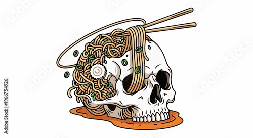 Skull filled with noodles, held by chopsticks, with a halo