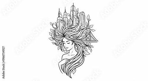Stylized woman with city skyline and bridge in her flowing hair