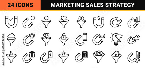 Minimalist Marketing Funnel and Customer Acquisition Lead Generation Symbols, Geometric Monoline Outline Style for Business Conversion
