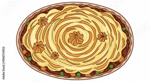 Oval dish with layered filling, topped with swirled mashed potatoes and decorative piping