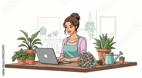 Florist working on laptop surrounded by plants and flowers