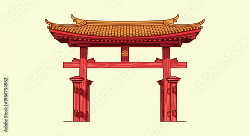 Stylized red and gold Japanese Torii gate with detailed pixel art roof