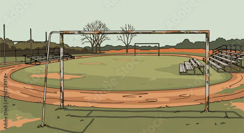 Empty sports field with weathered bleachers and rusty goals