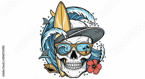 Skull wearing sunglasses with surfing scene in reflection, ocean waves, sharks, and flowers
