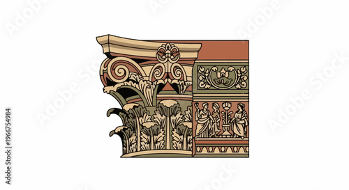 Intricate ancient column capital with figures and floral motifs