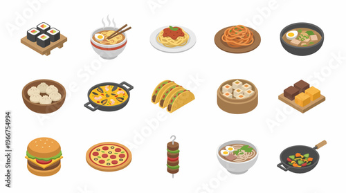 A 3D isometric icon set of various food items on plates and in bowls.