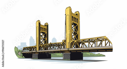 Golden twin-towered bridge spans a river with city skyline
