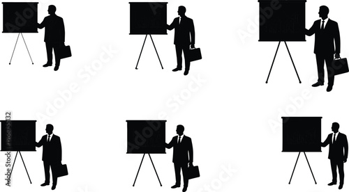 Business presentation silhouettes, professional speaker, briefcase figure, flip chart, corporate training, seminar, leadership, meeting, strategy illustration