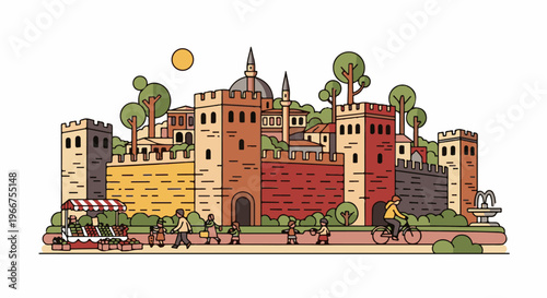 Illustration of a historic city skyline with people and market stalls