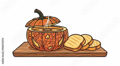 Steaming pumpkin soup served in a carved gourd with toasted bread slices