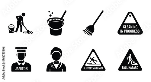 Illustration of a chimney sweep performing various cleaning tasks