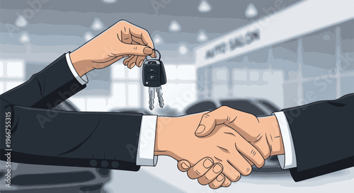 Two businesspeople shake hands as keys are exchanged, signifying a purchase