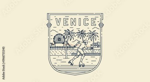 Stylized crest depicting rollerblader on beach with Ferris wheel and palms