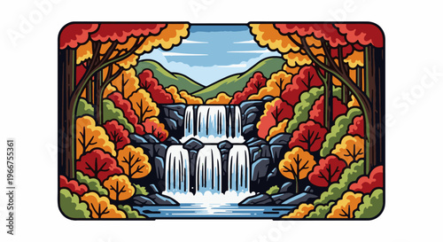 Pixelated autumn forest with a multi-tiered waterfall cascading over rocks