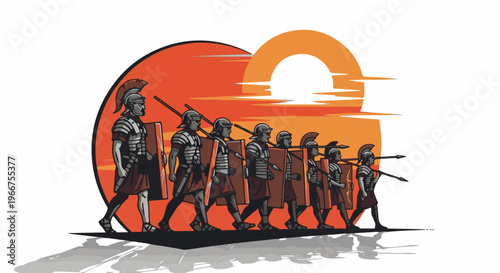 Line of soldiers in ancient armor marching at sunset