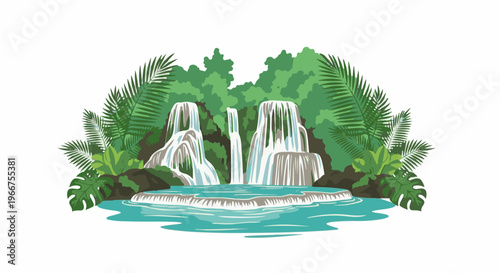 Lush tropical foliage surrounds a multi-tiered waterfall cascading into clear blue water