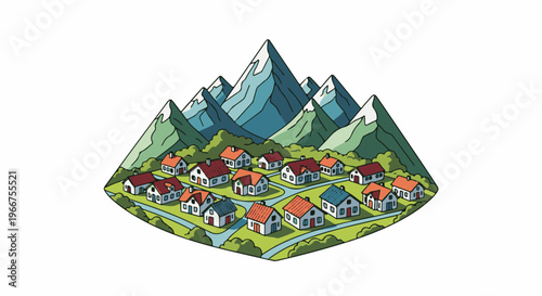 Quaint village nestled at the base of majestic snow-capped mountains