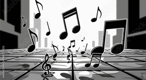 Musical notes dance above a reflective, tiled floor with a cityscape background