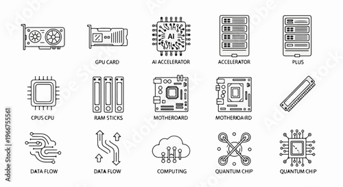 Stylized icons of computer hardware and processors