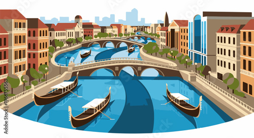 Ornate bridges span turquoise canals lined with colorful buildings and gondolas