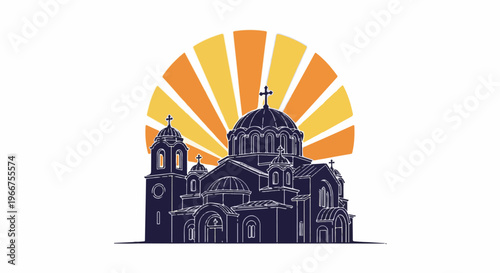 Stylized illustration of a domed orthodox church against a rising sun