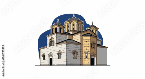 Stylized illustration of a domed Orthodox church with arches and crosses