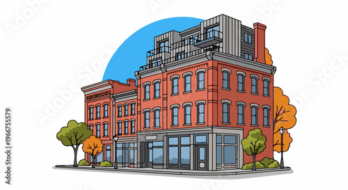 Red brick buildings with modern additions and autumn trees on a street