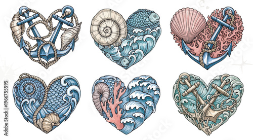 Vintage nautical heart illustrations, set of 6 marine themed heart icons with anchors and shells, ocean life vector art for summer branding