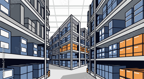 Rows of shelves filled with blue and orange boxes create a warehouse interior
