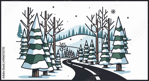Winding road through a snowy forest with bare and evergreen trees