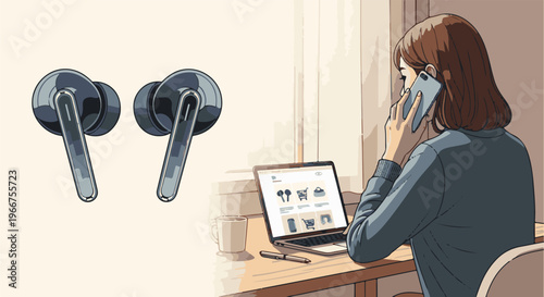 Woman on phone at desk with laptop and earbuds