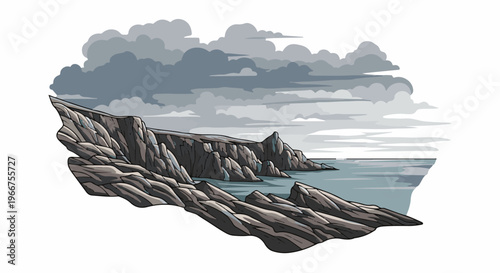 Rugged, pixelated coast with choppy grey clouds and calm sea