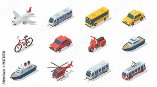 Isometric 3D icon set of various transportation vehicles on white background