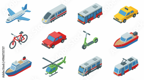 Isometric 3D icon set of various transportation vehicles in different environments