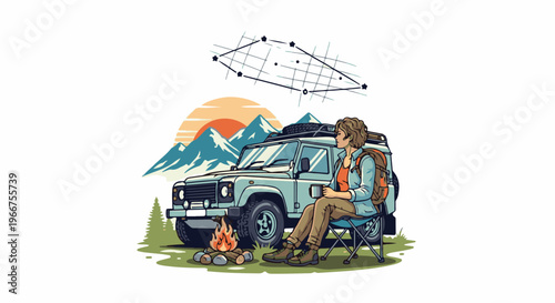 Woman sitting by campfire next to off-road vehicle, mountains and sun