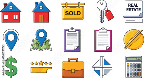 Real Estate and Property Icons Set Featuring Houses, Sold Signs, Keys, Maps, Location Pin, Dollar Sign, and Real Estate Documents for Property Buying and Selling Concepts