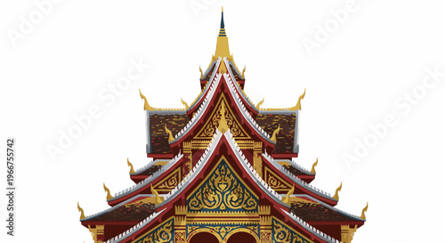 Ornate temple roof with layered red, gold, and blue decorative elements