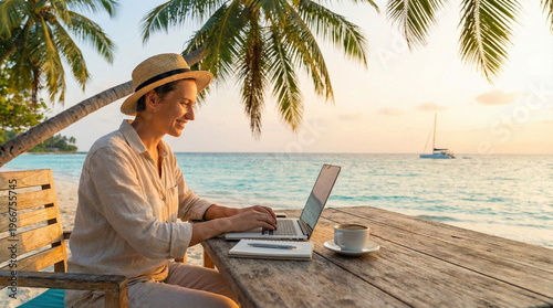 A person working remotely on a laptop by the beach with palm trees and a beautiful ocean view
