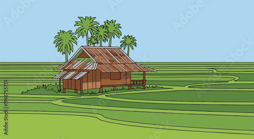 Rustic hut nestled amongst palm trees on verdant, tiered fields